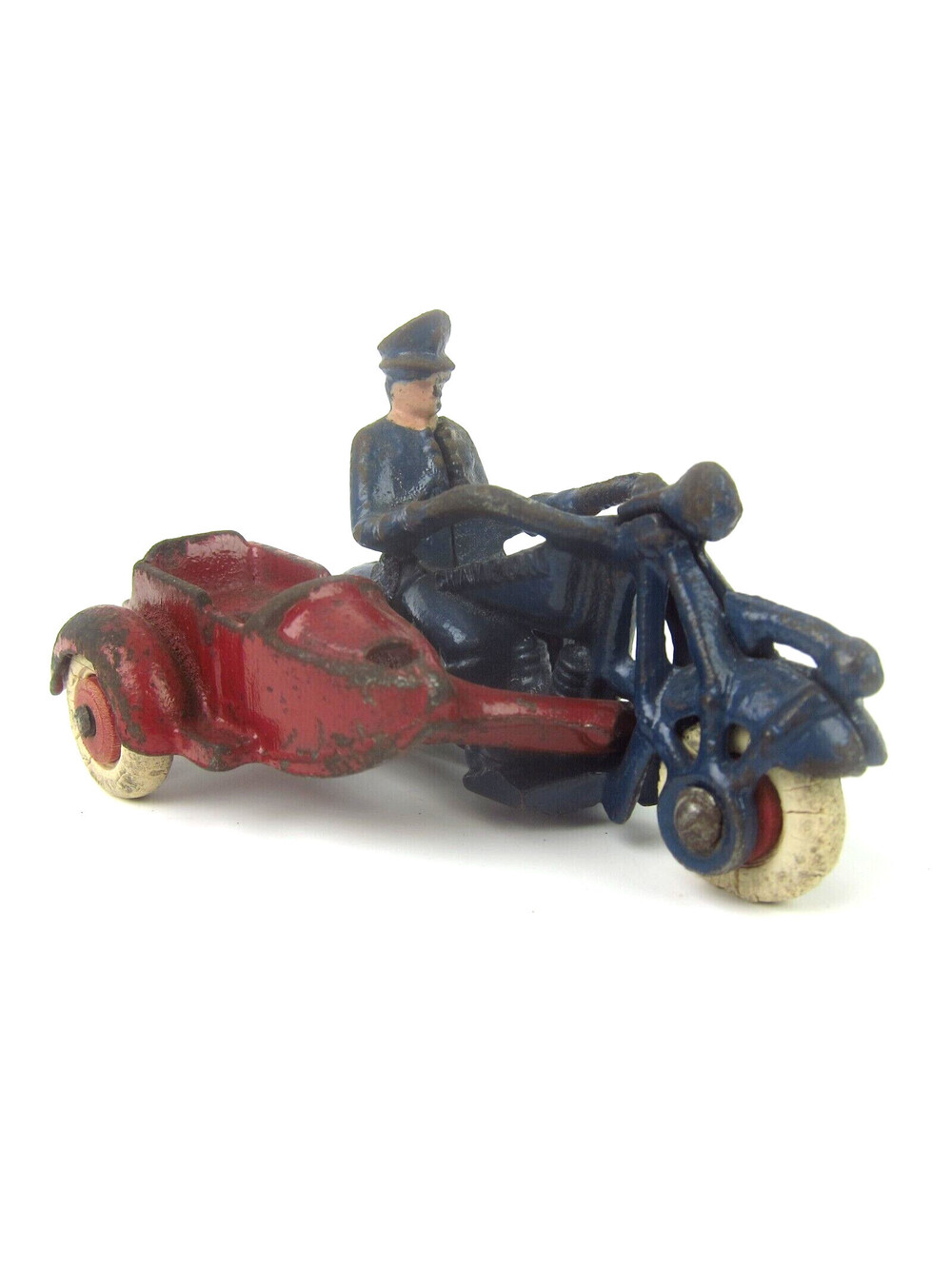 Vintage Cast Iron Toy Champion Policeman Cop Motorcycle & Sidecar Red Blue 1930s